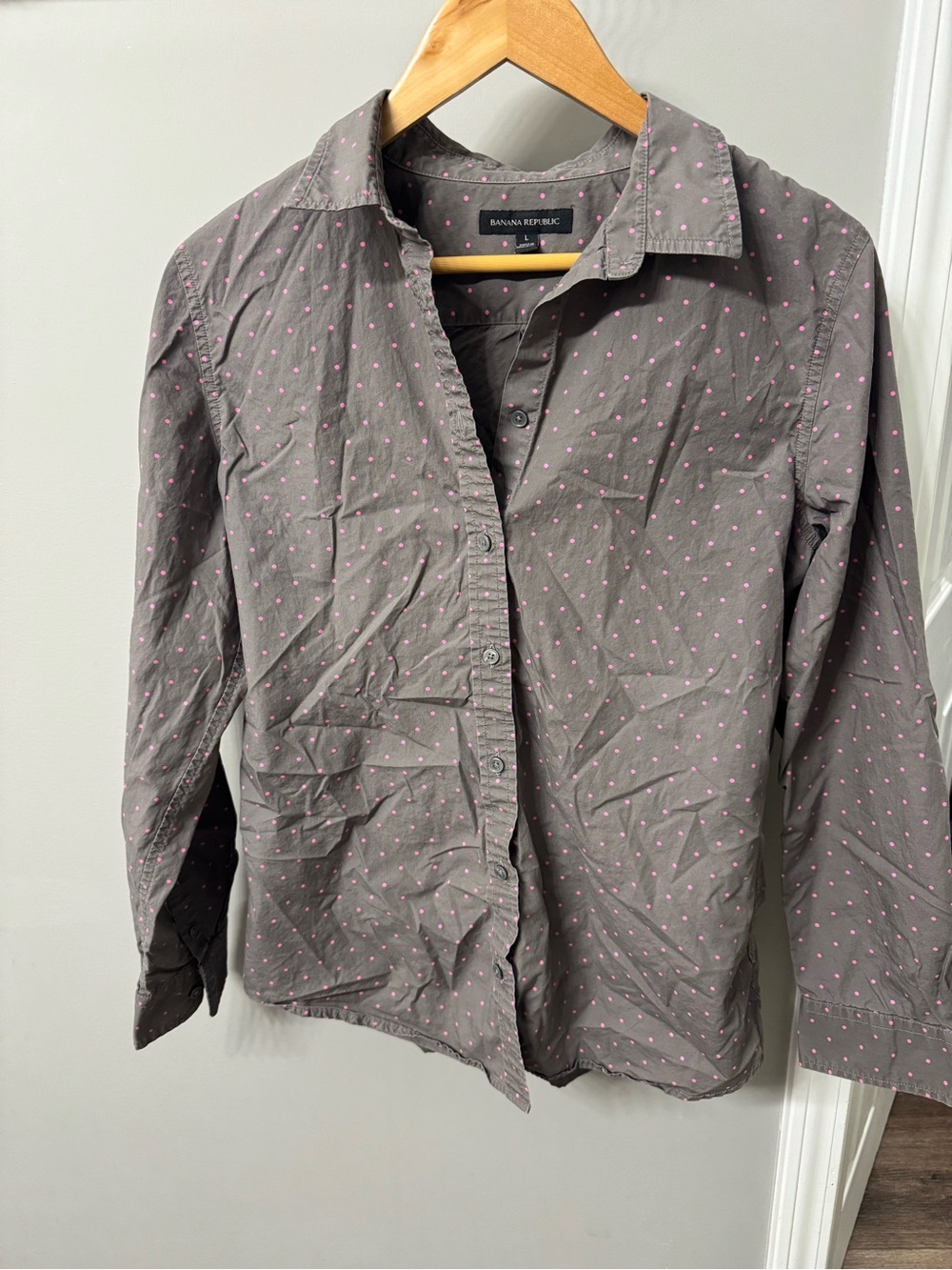Banana Republic Charcoal Gray Button-Up Shirt with Pink Dot Print